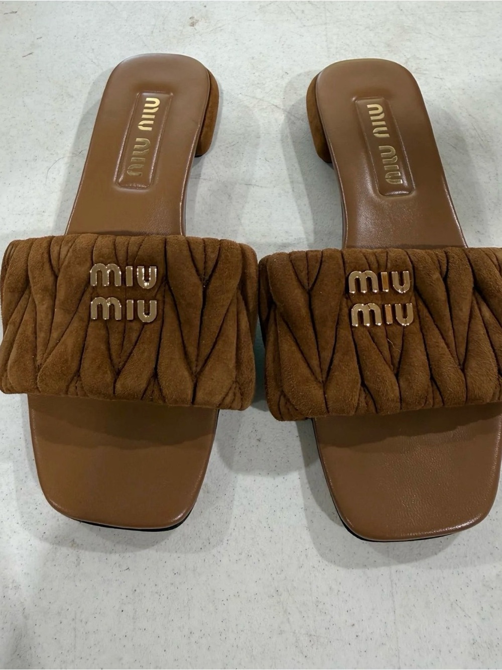 Miu Miu Chestnut Quilted Slide Sandals with Gold Logo